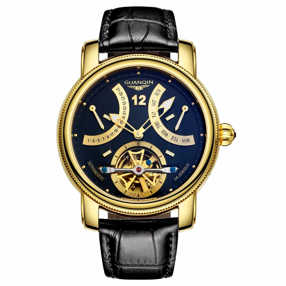 GUANQIN, новинка, роскошные брендовые автоматические механические часы, мужские водонепроницаемые светящиеся часы с календарем, кожаные золотые наручные часы