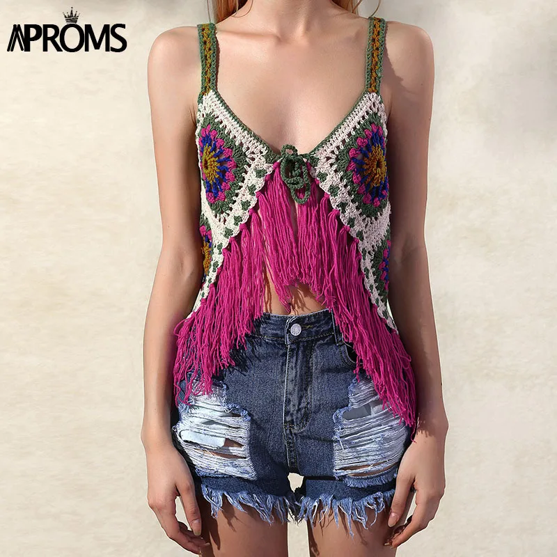 Buy Aproms Multi Colored Tassel Handmade Camis Casual V neck Bow Tie Front