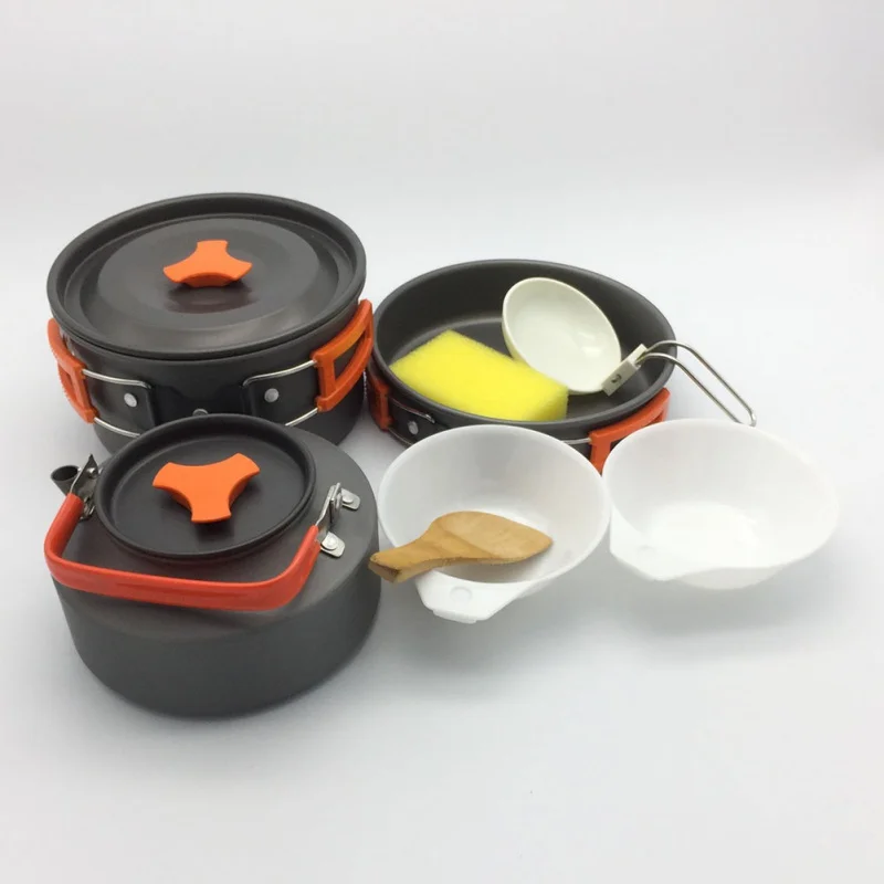 Acampar al aire libre hervidor olla combinación vajilla Picnic Set alta calidad conjunto cocinero aluminio con Paquete 2-3 personas