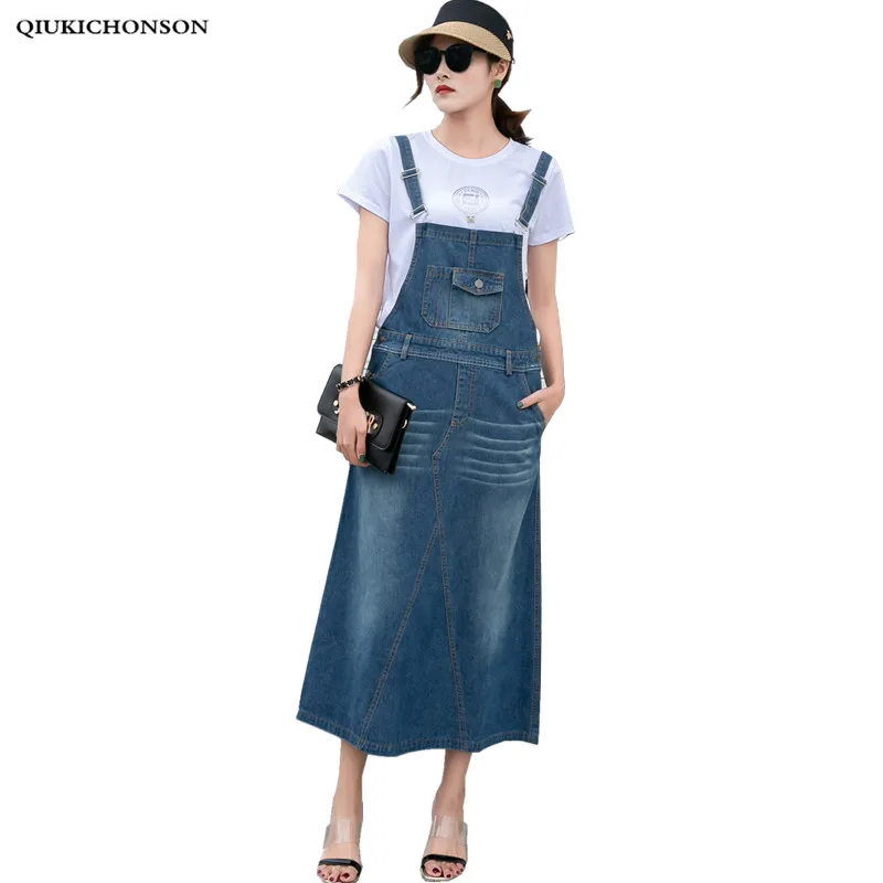 

Harajuku Long Denim Skirt Women Spring Summer Front Pocket Back Slit Straight Jeans Overalls Casual Plus Size Suspender Skirts