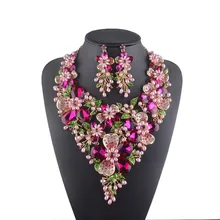 Fuchsia Rhinestone Gold Plated Flower Statement Necklace Set Pink Simulated Pearl Plant Bridal Wedding Party Pearl Jewelry Set