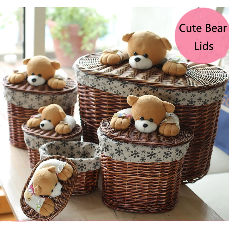 Small & Large Rattan bear laundry bucket willow storage basket clothing storage box decorative knitted wicker baskets with lids