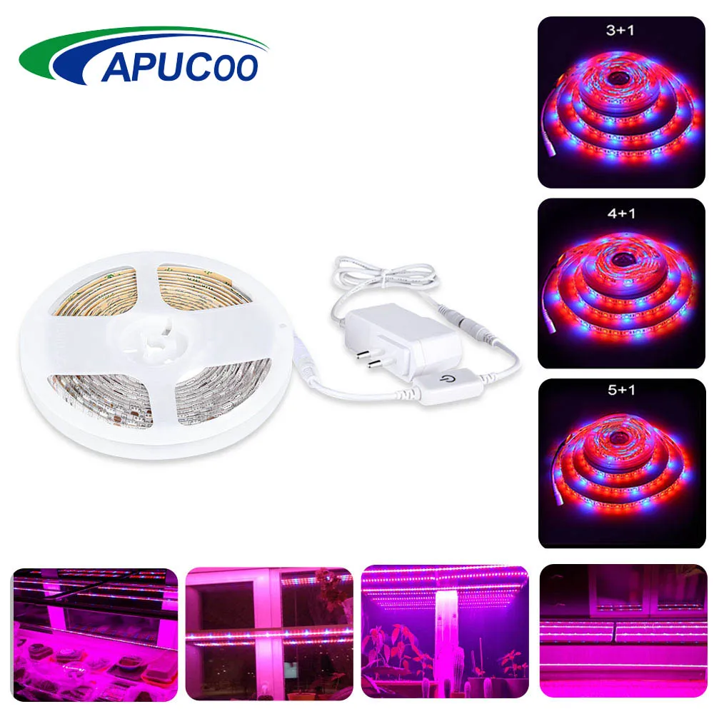 

5M LED Grow Light Lamp For Plants 5050 LED Strip Full Spectrum Grow LED Phytolamp Plant Light With Power Adapter Touch Switch