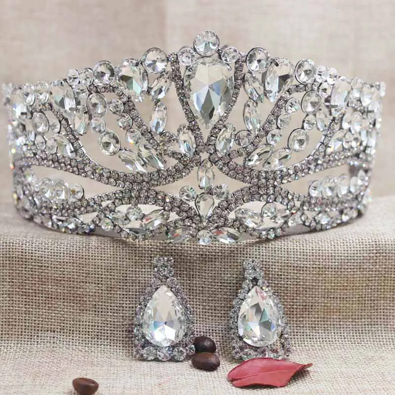 Luxury-Large-Wedding-Pageant-gold-Tiara-crown-with-earring-matching-Crystal-Bridal-pageant-Crown-and-tiaras
