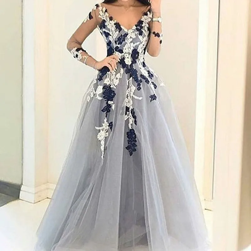 

Long Sleeves Grey Evening Dresses 2019 Appliques LaceEvening Gown Long Formal Evening Dress Prom Party Dress vestido longo festa