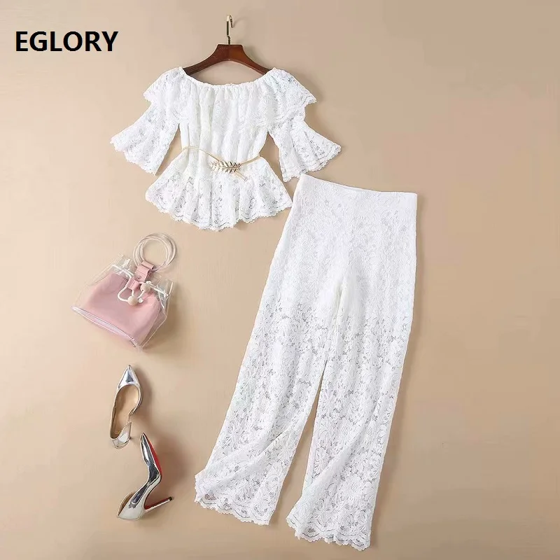 

Women's Set 2019 Spring Summer Two Piece Set Ladies Sexy Slash Neck Lace Tops Blouse+Straight Lace Pant Suit Female Set Clothes