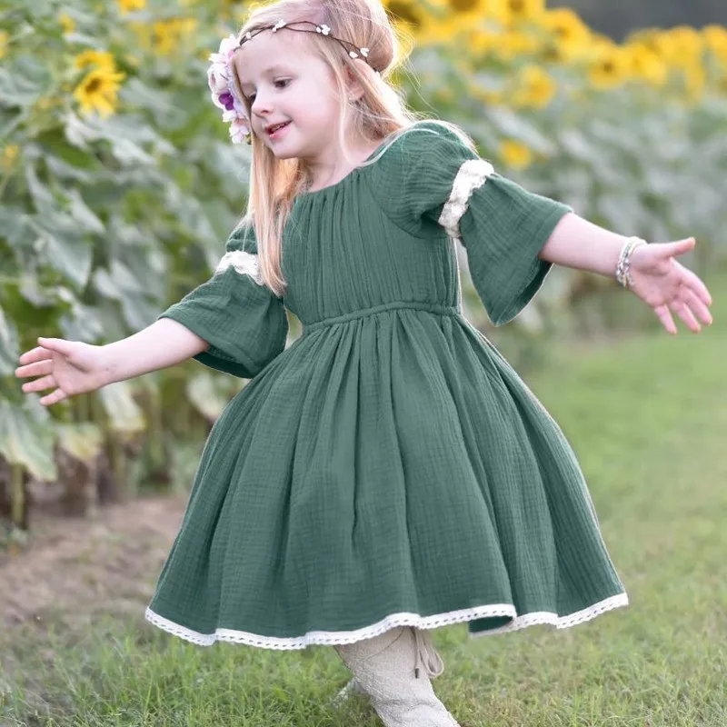 

Summer Casual Baby Girls Lace Design Dress Cotton Kids Flare Sleeve Sundress Vintage British Style Princess Dress