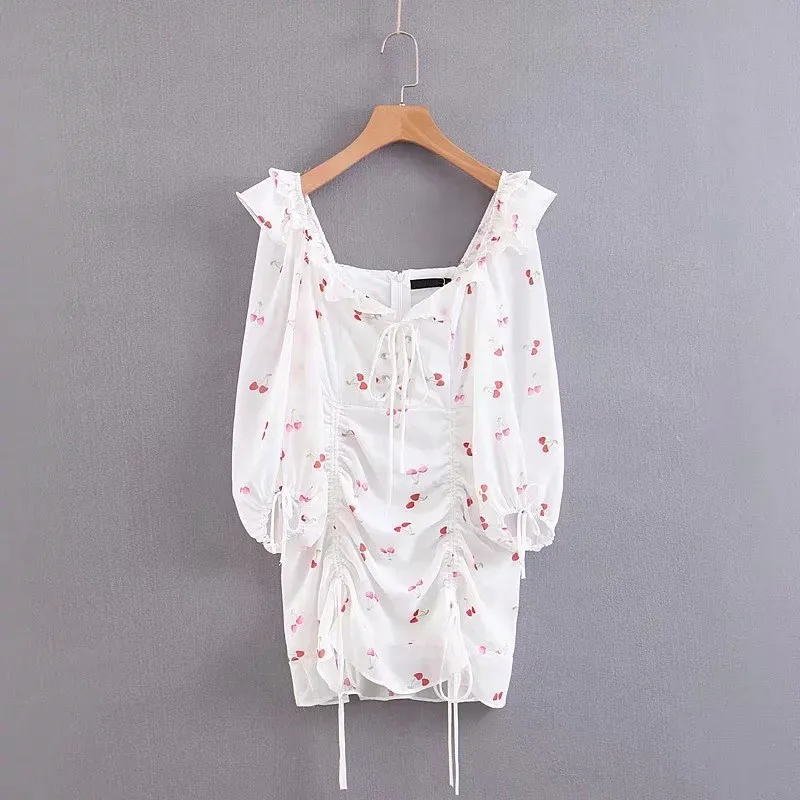 Chiffon Cherry Print Ruffle MIni Dress Women Square Neck Lantern Sleeve