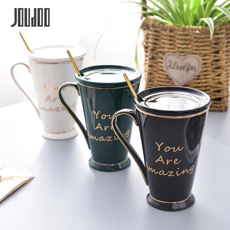 

JOUDOO 400ml Ceramic Coffee Mug With Spoon and Lid Europe Couple Tea Coffee Office Mugs Cup Drinkware TC0008 35