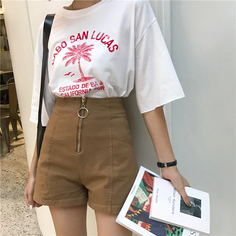 2019 Для женщин Тонкий шорты широкие брюки Корейская Высокая талия спереди шорты с застежкой "молния" с карманами черный, белый цвет