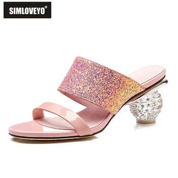 

SIMLOVEYO big size 33-42 summer new 2019 shoe woman classic prom mules shoes elegant pink black women slippers bling comfortable