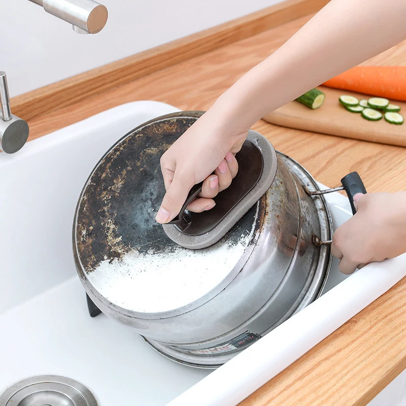 Powerful Decontamination Rubbing Emery Sponge Kitchen With Handle Brush Pot Bottom Descaling Cleaning Brush