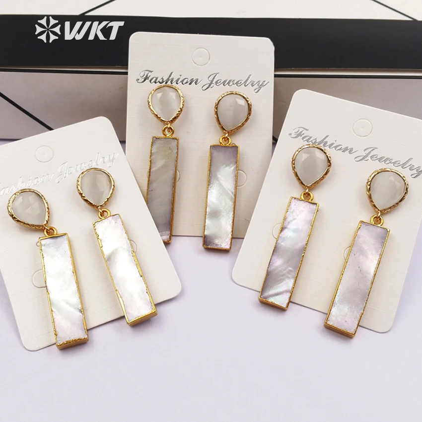 

WT-E421 Wholesale fashion jewelry natural white stone stud with long bar natural shell pendant trendy style drop earrings