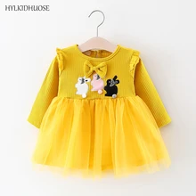 HYLKIDHUOSE Весеннее платье для маленьких девочек, рисунок из мультфильма, платье принцессы, бантик Детская футболка с кружевом детское платье с длинными рукавами