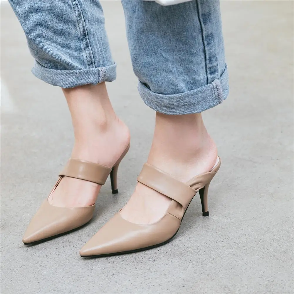 

RIBETRINI Top Quality Slip On Pointed Toe Summer Mules Woman Pumps Female Thin Heels Black Red Lady Shoes Woman Pumps Female