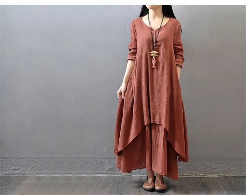 AIDAYOU Big Size Maxi Dresses Women False Two-piece Long Sleeve Cotton Linen Dress Casual Boho Plus Size Dress 4XL 5XL ouc3340