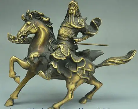 66MM Chinese Bronze Ride horse GuanYu Guan GongYu Warrior God Hold Sword Statue