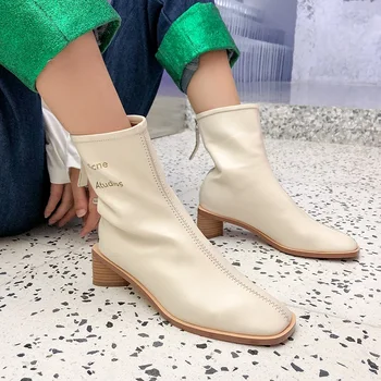 

fashion square toe soft genuine leather ankle boots for women casual dress shoes boots women black shoes high heel runway boots