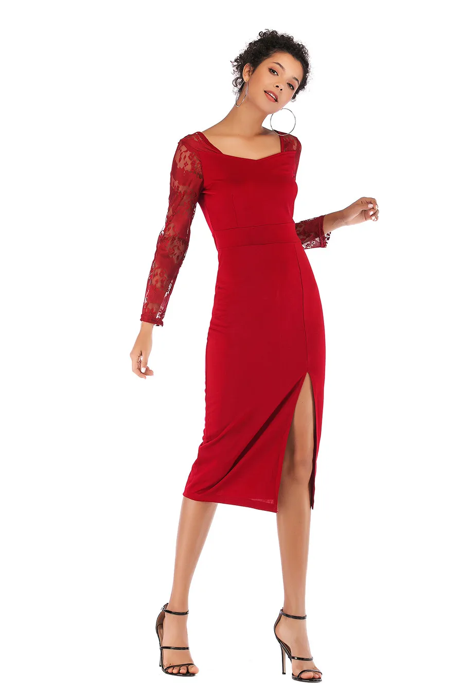 Gladiolus Sexy New Summer Dress Women 2019 Long Sleeve V Neck Slim Lace Patchwork Midi Women Office Dress Ladies Pencil Dresses (18)