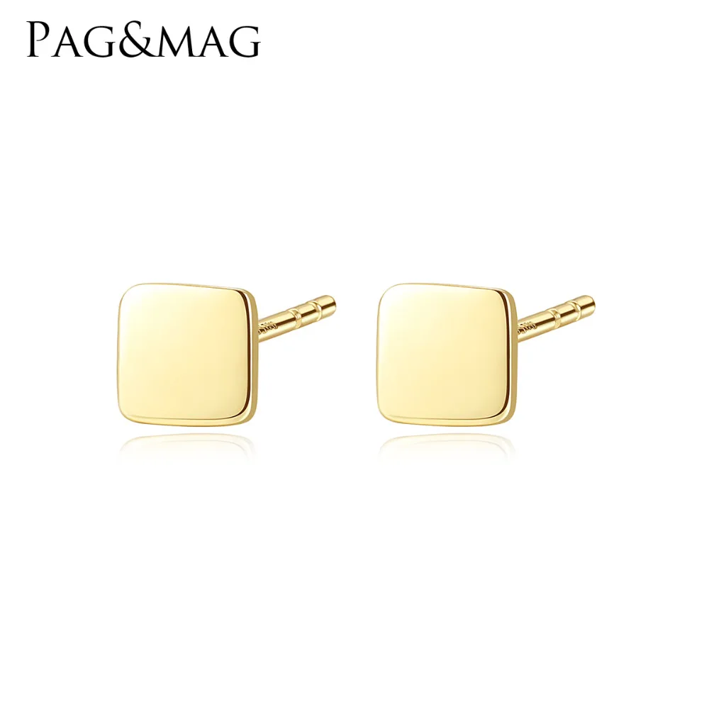 

PAG&MAG New Geniune 14K Yellow Gold Small Square Stud Earrings for Women Simple Daily Dating Wear Earrings Jewelry Carving Au585