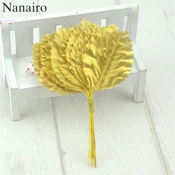 

12pcs 4cm Nylon Silk Leaf Gold Leaves Artificial Flower For Wedding Decoration DIY Wreath Gift Scrapbooking Craft Fake Flower