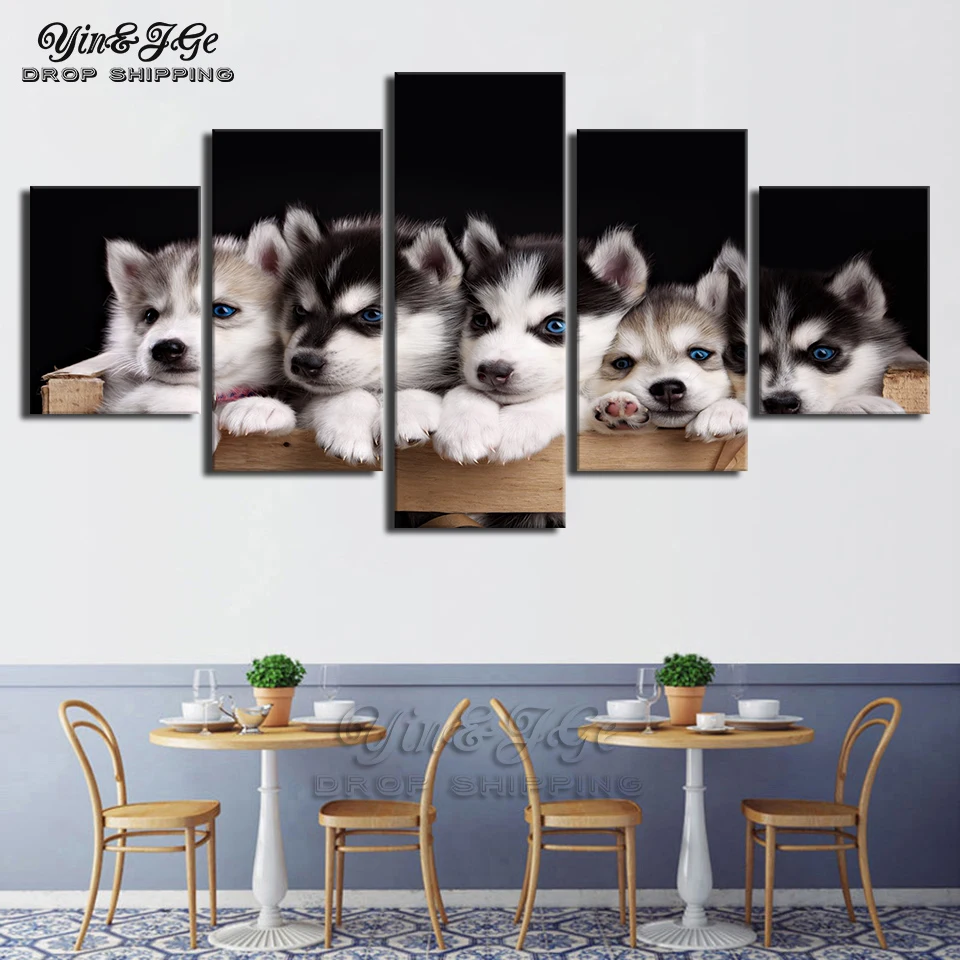 Modular Wall Art HD Printed Canvas Painting 5 Pieces Husky Lovely Animal Posters Pictures Home Decorative Living Room Frameworks | Дом и сад