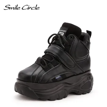 

Smile Circle Chunky Sneakers platform Women fashion Lace-up High-top Wedge shoes For Women Winter Thick bottom Wedge sneakers