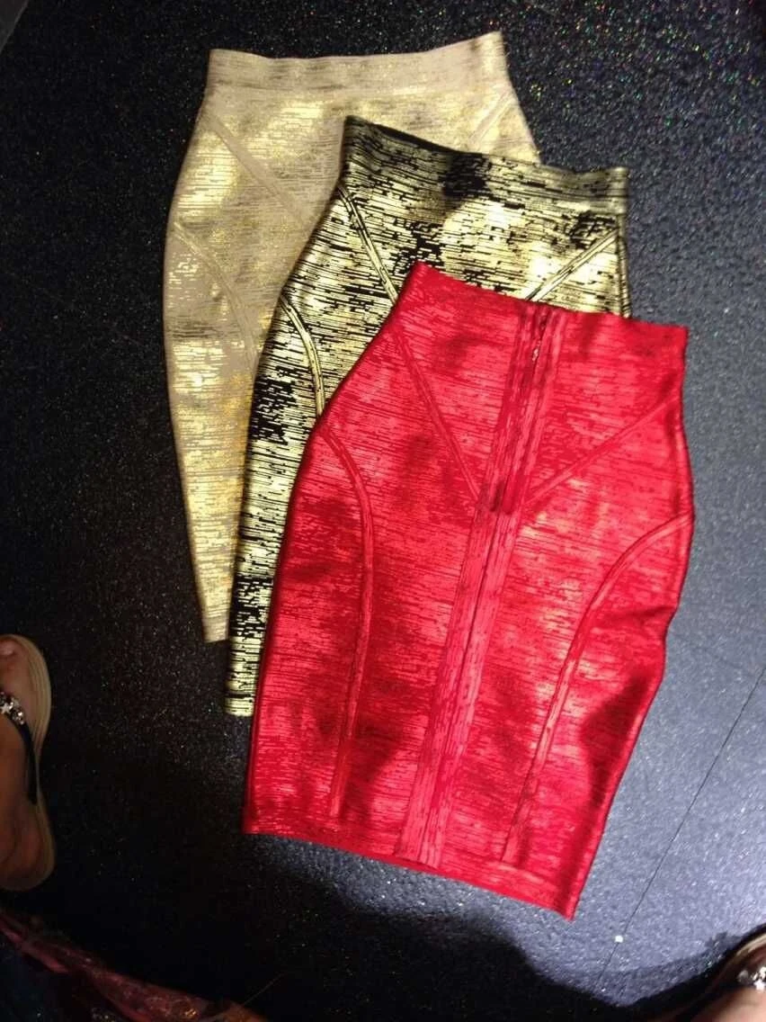 

2015 New Fashion Women red metallic print knee length bandage skirts wholesale dropshipping gold /gold and black