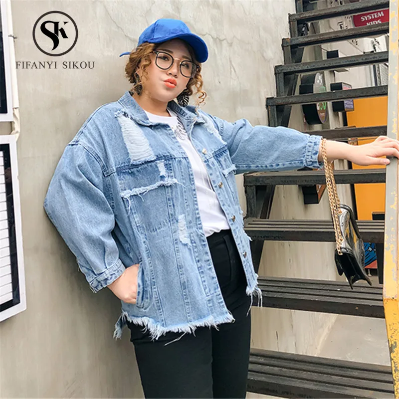 

Street Women Denim jacket Fashion Print Ripped Denim coat Loose Plus size 2XL-6XL Vintage Jeans Jacket Women 2019 Basic jackets