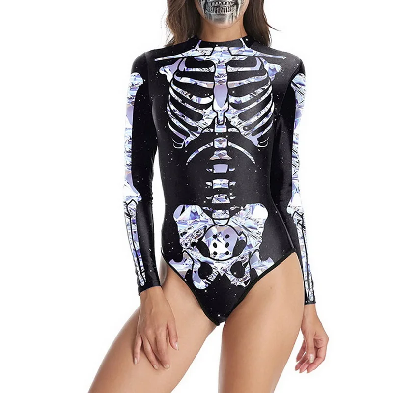 

New Halloween Swimsuit Women Internal Organs Skeleton Rose 3D Printed Long Sleeve Clothing Skull Fancy Funny Cosplay Bodysuits