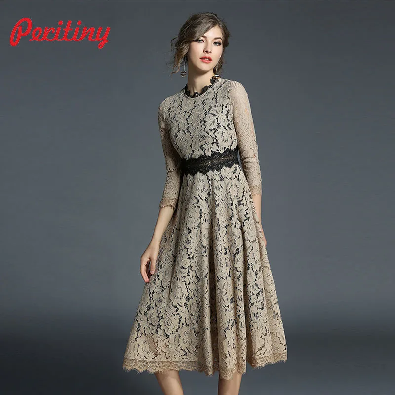 

Peritiny Khaki Blue Dresses Women Stand Collar Patchwork Solid vestidos Retro roupa feminina New Year Spring A-Line Lace Dress