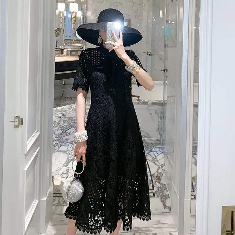 

Summer Dress New Arrival Fashion 2019 Women Hollow Out Short Sleeve Button Shirt Dress Lace Black White Casual Mid-calf Dress