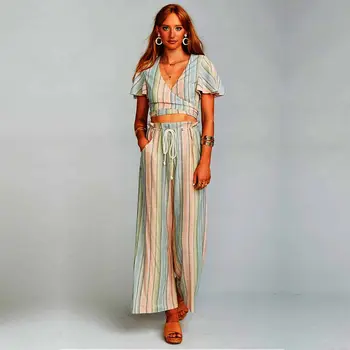 

wide Leg Pants Women Casual High Waist Bandage Striped Drawstring Wide Leg Long Pants Trousers