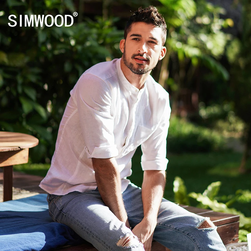 Meilleur SIMWOOD 2019 printemps Été Col 100% Lin Trois Quarts Manches Chemises Hommes New Slim Fit Chemise Fraîche Haute Qualité CC017038