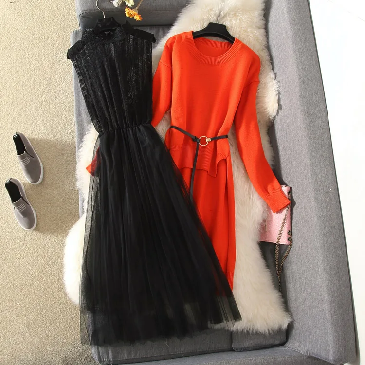 

2018 autumn new arrive irregular sweater top+lace tank sleeveless lace dress set, women's 2 pieces suit