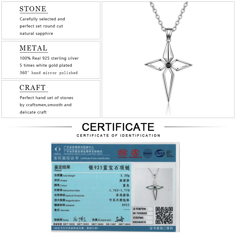 EDI Genuine Cross Natural Black Sapphire Gemstone 925 Sterling Silver Female Pendant