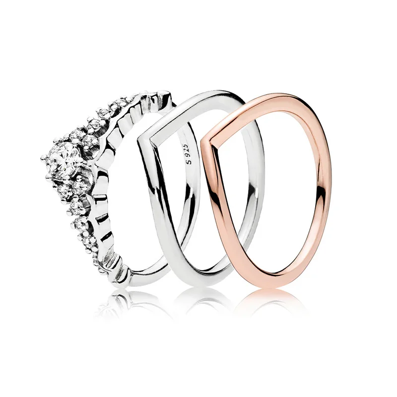 

3 Style Silver Charms Ring Rose Gold Radiant Love Crystal Crown Style Finger Rings For Women Party Jewelry Gift
