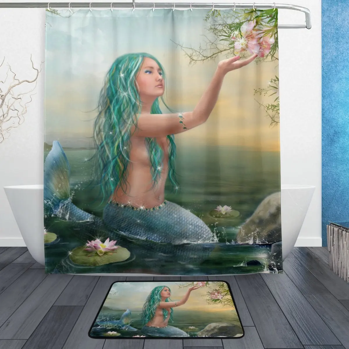 

Flower Mermaid Shower Curtain and Mat Set, Ocean Sea Fish Waterproof Fabric Bathroom Curtain