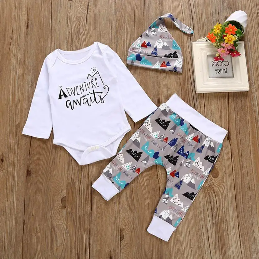

2018 New Arrival Newborn Kids Baby Boys Girl Outfits Clothes Romper Tops+Print Long Pants+Hat Set baby clothes August 8