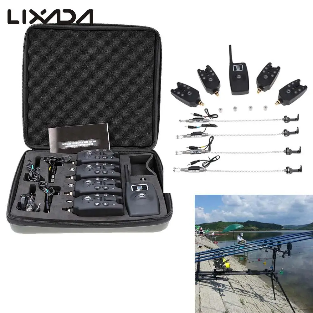 

Lixada Wireless Digital Fishing LED Alarm Alert Set 4 Fishing Bite Alarm + 1 Receiver with LCD Screen Indicator + 4 Chain Hanger