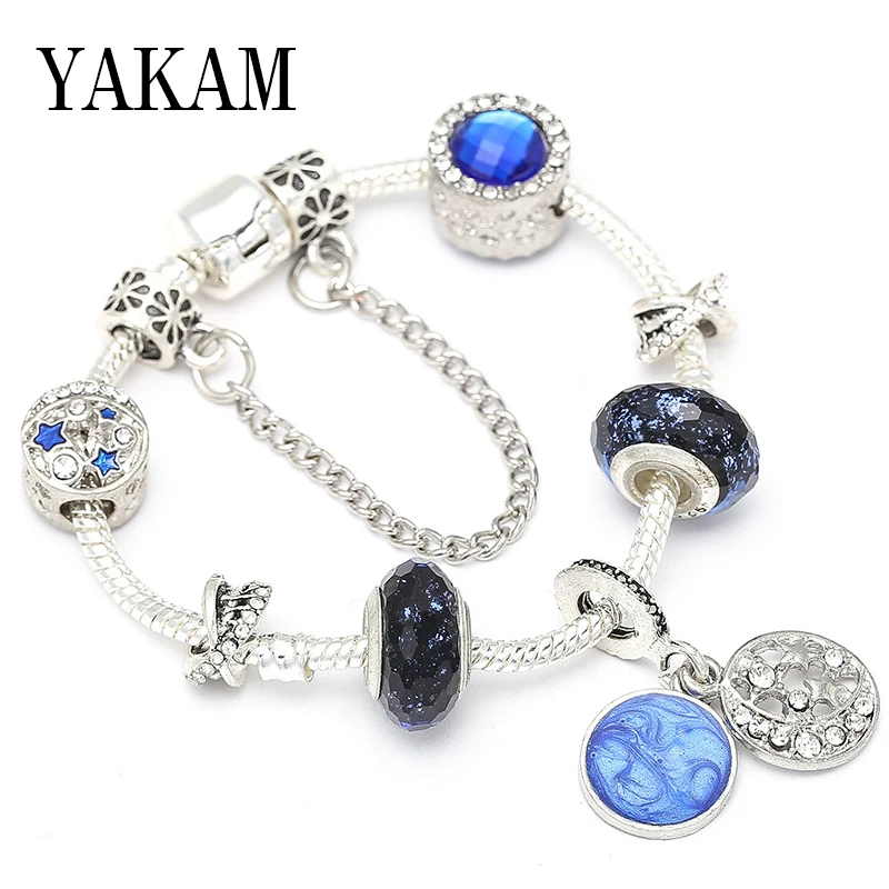 

Lucky crystal blue round dangle flower ocean style bracelet safe chain original charms bead love bangle for women girl jewelry