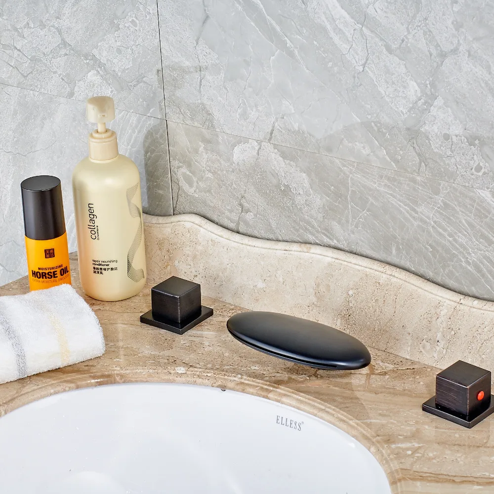 

Newly Arrival Deck Mounted Oil Rubbed Bronze Waterfall Spout Bathroom 3PC Sink Faucet Mixer Tap Basin Faucet