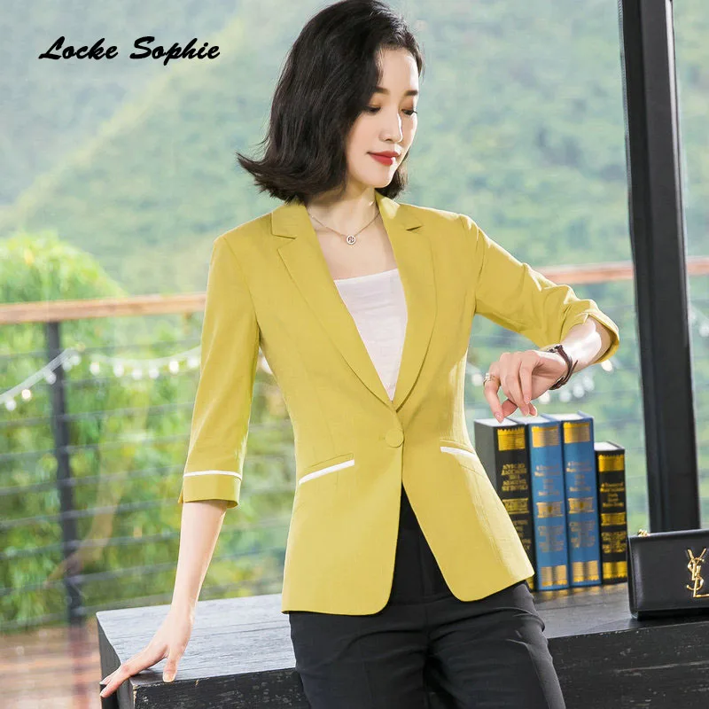 1pcs Women Plus size Blazers coats 2019Summer cotton blend Middle sleeve Slim fit Small Suits jackets ladies Skinny Blazers Suit