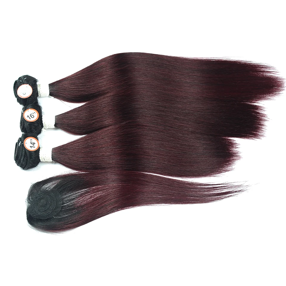 Pinshair 1B 99J Hair Brazilian Straight Ombre Bundles With Closure Burgundy Red Wine 100% Human Hair Weave Non Remy Pre-Colored (11)