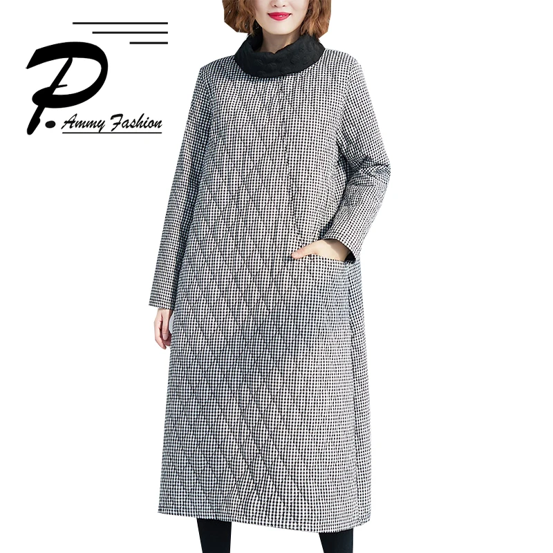 

Women Winter clothing new thick warm high collar plaid large size literary cotton clothes 2018 new Long sleeve Mid-Calf dresses