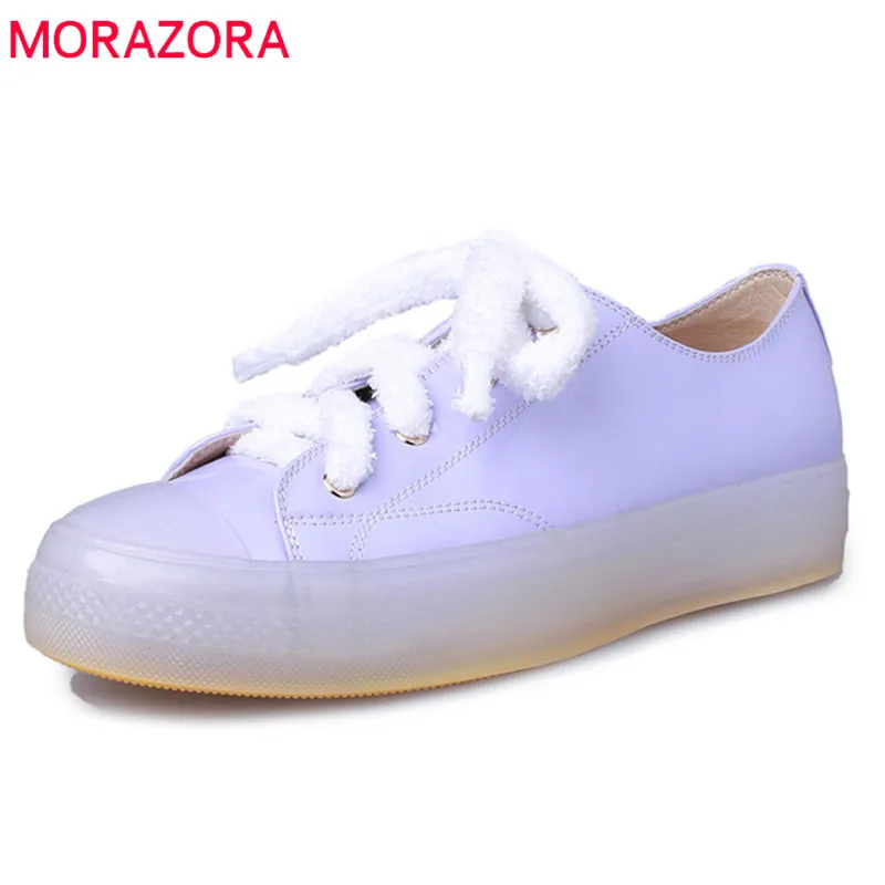 

MORAZORA 2019 Handmade patent leather flat shoes women Unique crystal heel lace up summer shoes Jelly color casual shoes woman