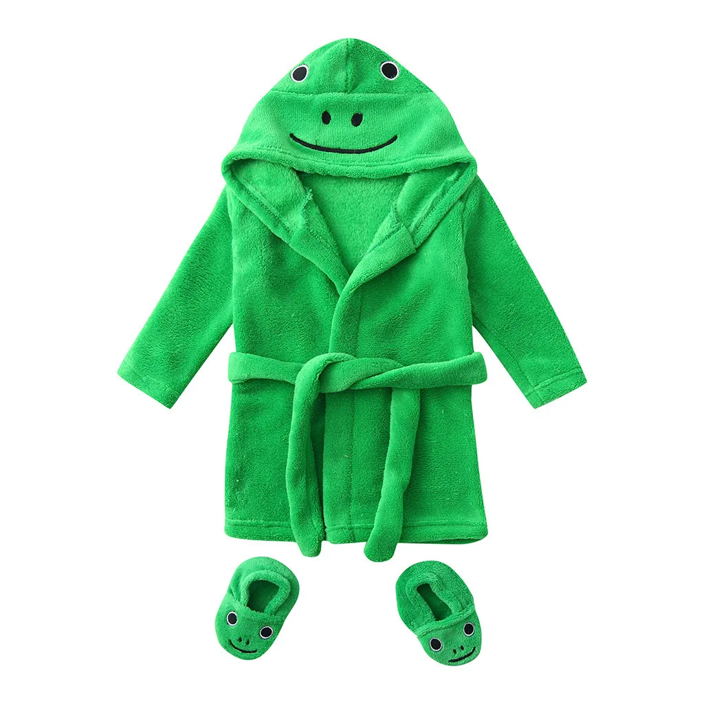 Infant Boys Girls Cartoon Flannel Bathrobes Hoodie Sleepwear+Footwear Outfits - Цвет: Green