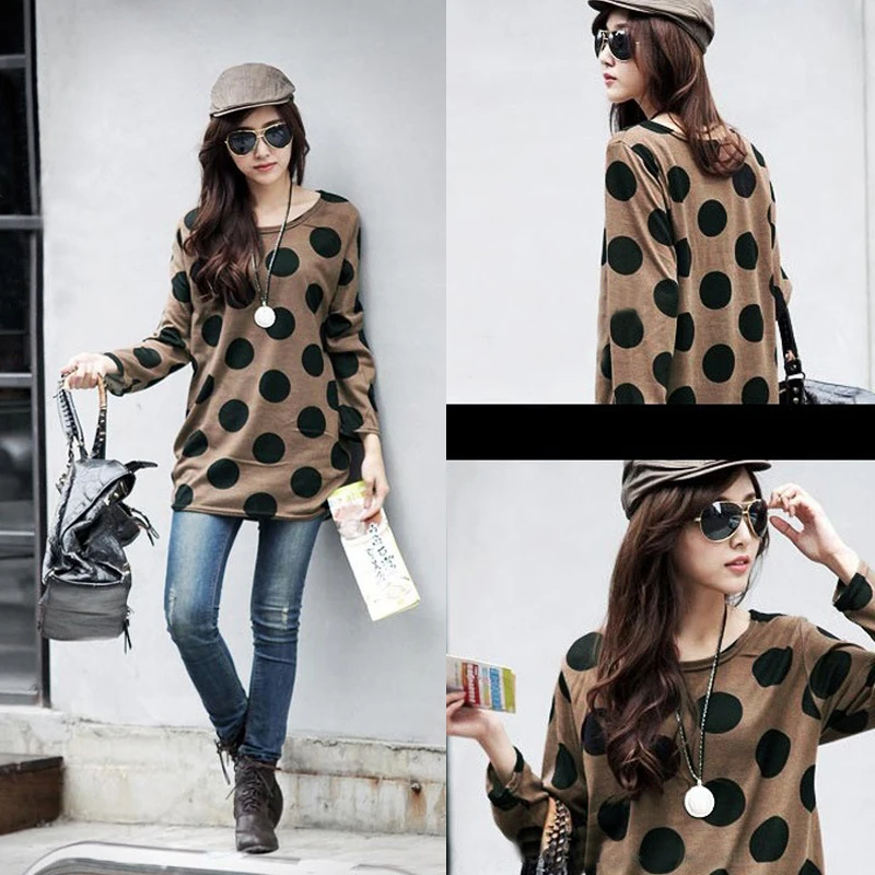 2019 Korean T Shirt Women Long Sleeve Tshirt 5XL Plus Size T-shirt Dot Tunic Knitted Shirt Long Pullover female Tops Tees Coffee
