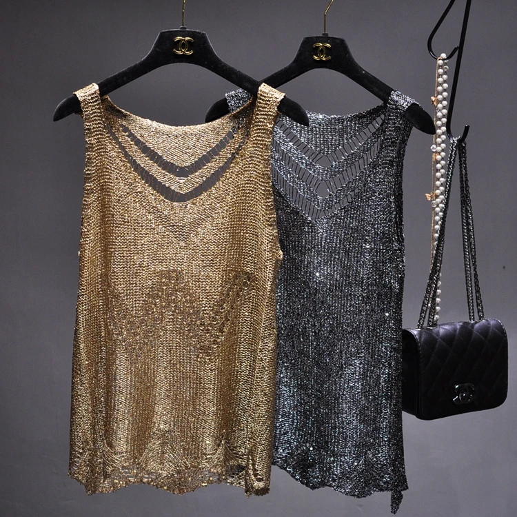 

New Spring Summer Fashion Sexy Hollow Out Sequins Sleeveless Top for Women Solid Color Knitted Vest Ladies Tanks Night Club
