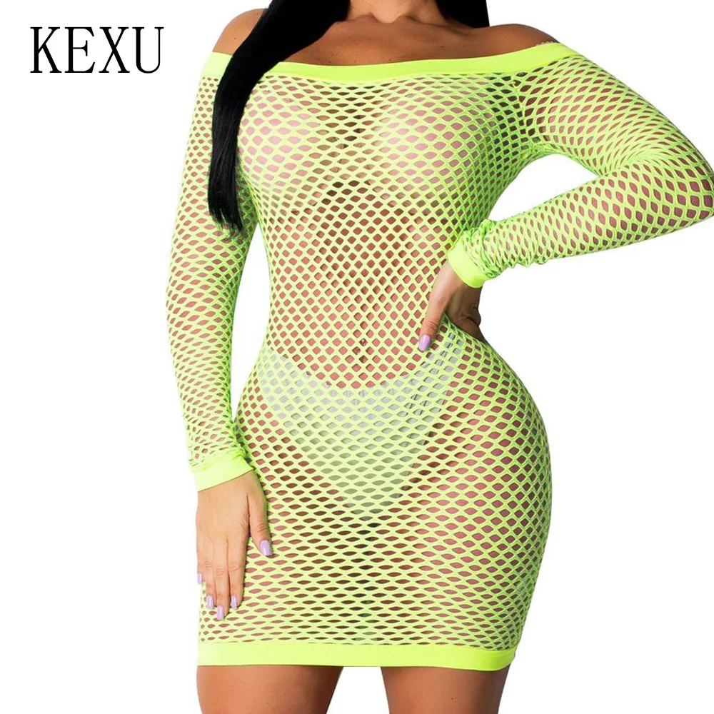 

KEXU Big Size S-XXL Summer Sexy See Through Hollow Out Beach Cover-up Bodycon Dress Women Off Shoulder Casual Beachwear